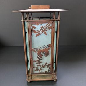 Butterfly Candle Holder Lantern Copper Metal & Glass Dragonflies Butterflies